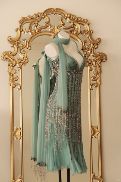 Classy Mint Green Chiffon Beaded Tassel Mermaid Long Party Dress,Spaghetti Straps V Neck Prom Gown With Scarf D2768