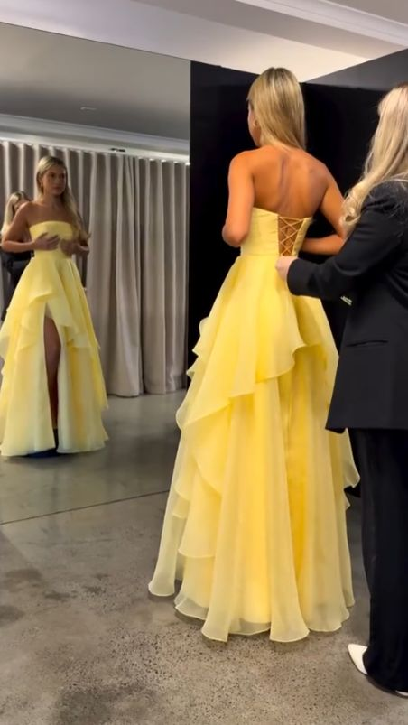 Classy Strapless Yellow Tulle Slit Long Prom Dress Formal Birthday Party Dress D1141