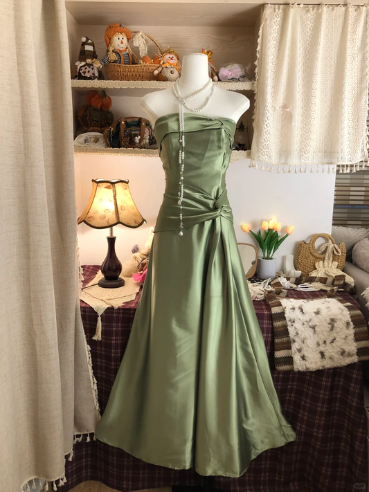 Vintage Strapless Green Satin Long Prom Dress Birthday Party Dress D310