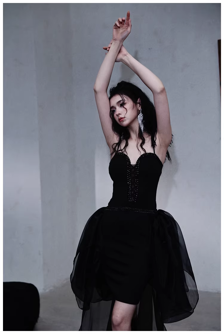 Gorgeous Black Organza Satin Beaded Long Party Dress Birthday Evening Dress D2445