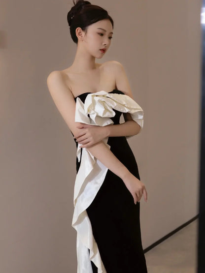 Sexy Sheath Strapless Black Satin Long Evening Gowns Prom Dresses SD1836