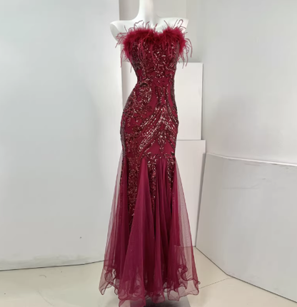 Classy Feathers Strapless White Tulle Sequin Mermaid Long Evening Dress Prom Dresses D2398