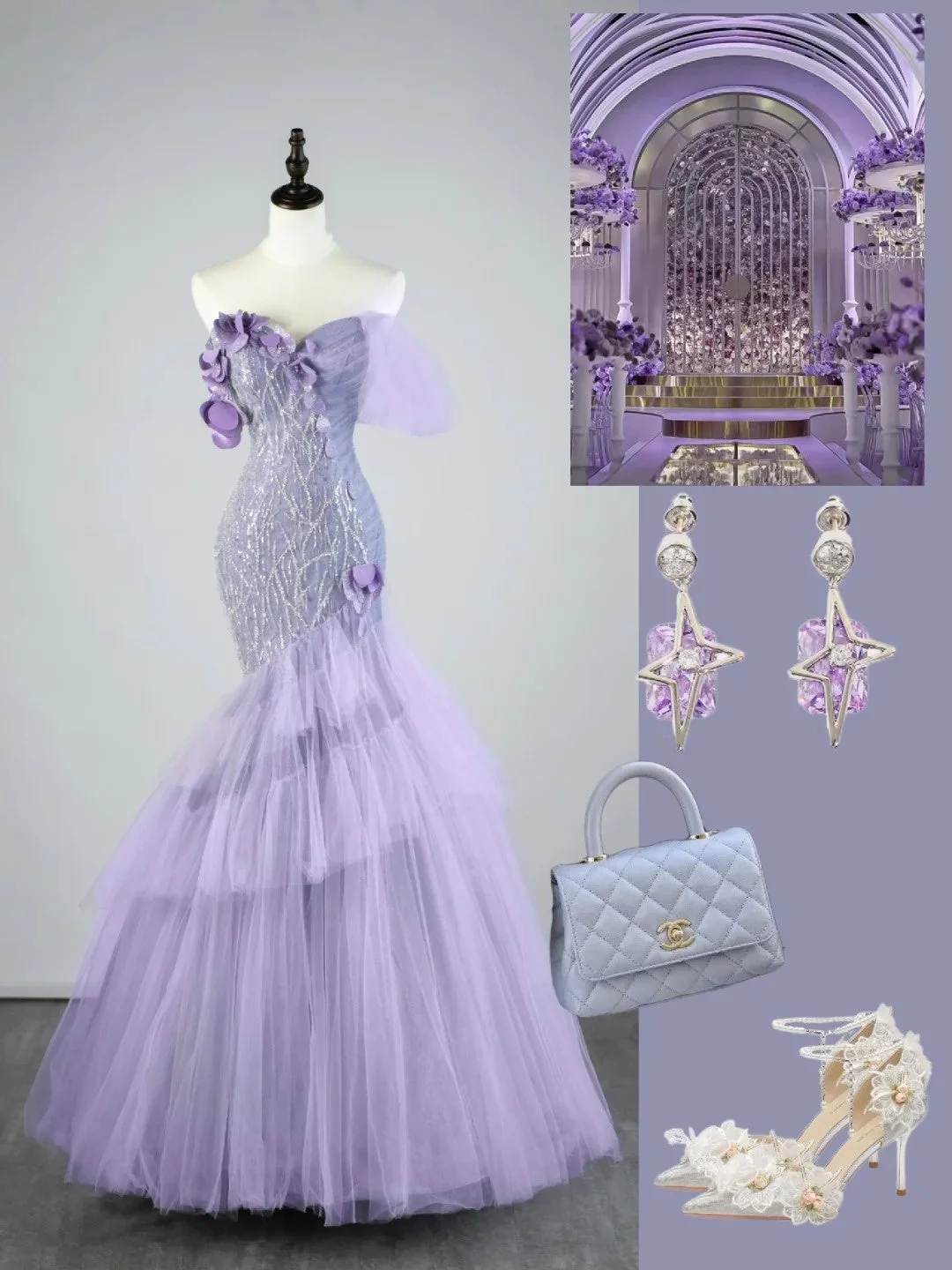 Glamorous Off The Shoulder Lilac Tulle Sequin Beaded Mermaid Long Evening Dress Party Gown D4525