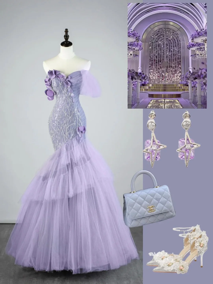 Glamorous Off The Shoulder Lilac Tulle Sequin Beaded Mermaid Long Evening Dress Party Gown D4525