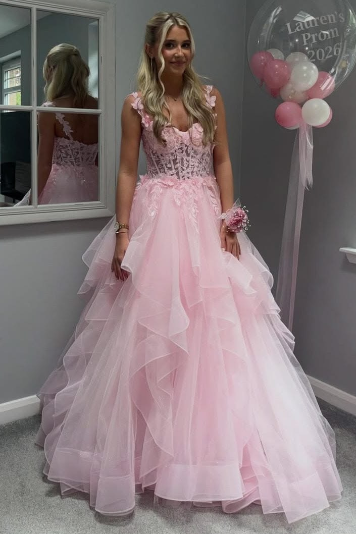 Classy Pink Tulle Appliques Long Evening Dress Party Gowns D5449