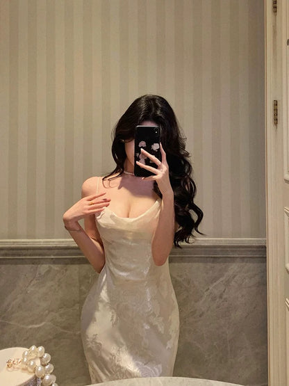 Gorgeous Mermaid Spaghetti Straps Date Night Dress Floral Ivory Satin Prom Dresses Birthday Outfit SD744