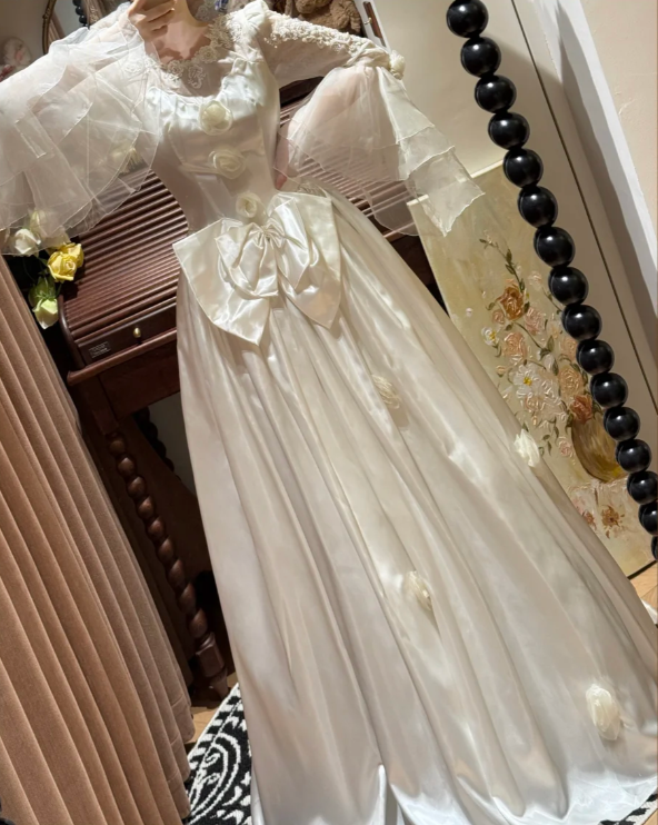 Charming Beaded Bow Satin Ball Gown White Long Wedding Dress D2033