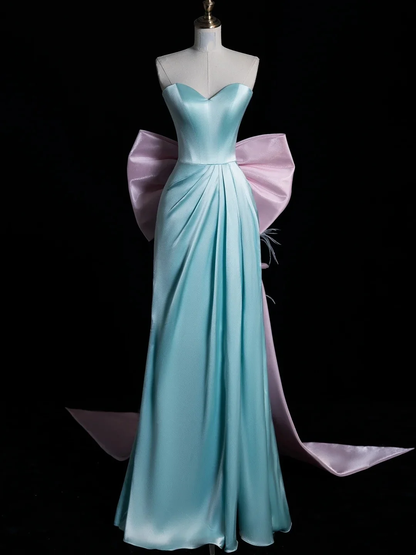 Stunning Sweetheart Neck Blue Satin With Bow-knot Party Dresses Mermaid Long Evening Dress D4849