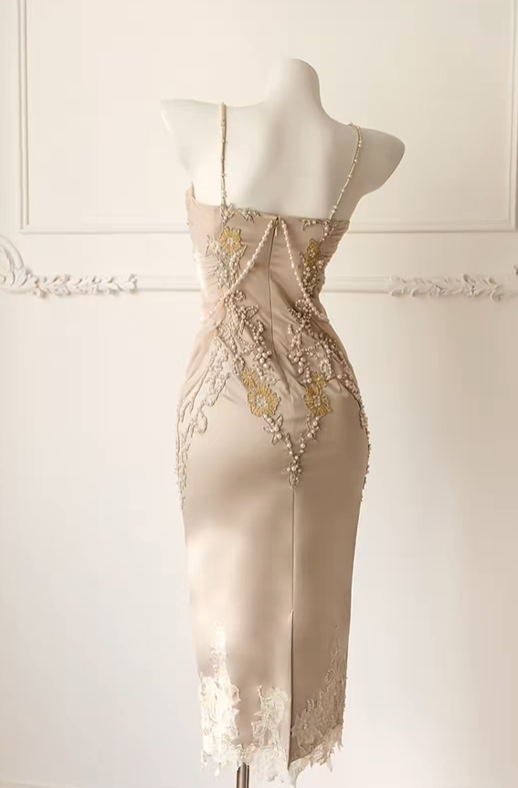 Pretty Spaghetti Straps Satin Lace Sheath Midi Party Dress Pink Birthday Prom Dress With Pearls D2716