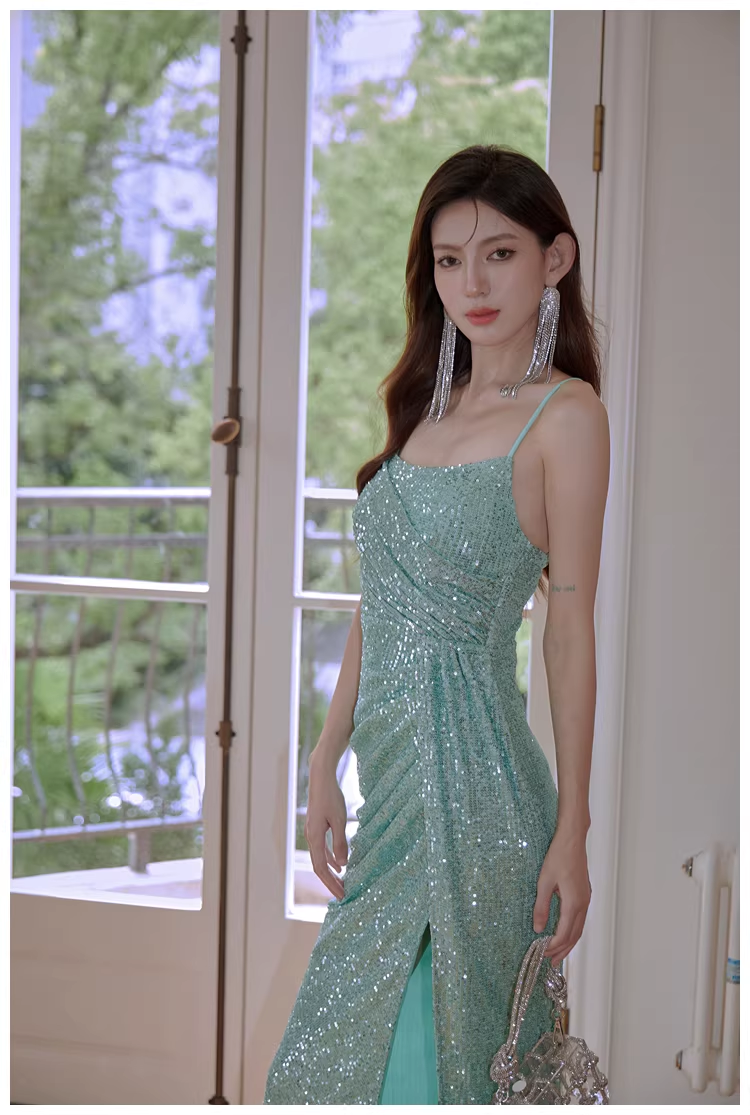 Sparkly Spaghetti Straps Mint Green Sequin Mermaid High Slit Long Prom Dress Evening Dress D2442