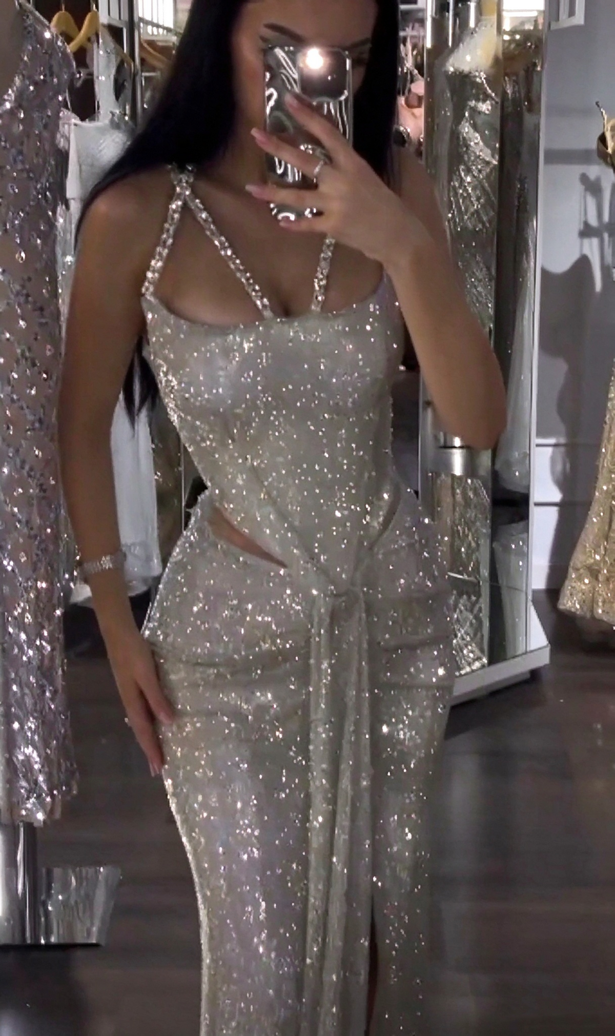 Glamorous Sequin Beaded Mermaid Slit Long Prom Dress Silver Long Party Gown D5123