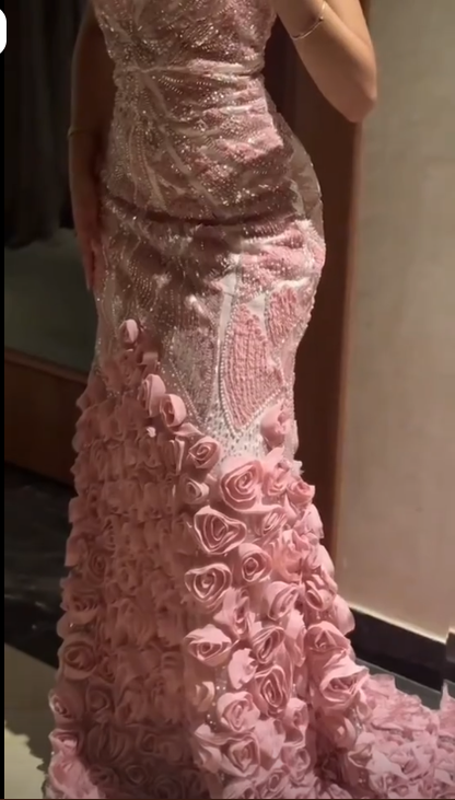Pretty Halter V Neck Satin Sequin 3D Floral Pink Mermaid Long Party Dress Evening Gowns D5133