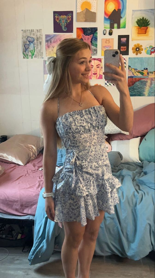 Classy Halter Blue Print Floral Ruffle Short Party Dress Formal Homecoming Dress Birthday Outfits D238