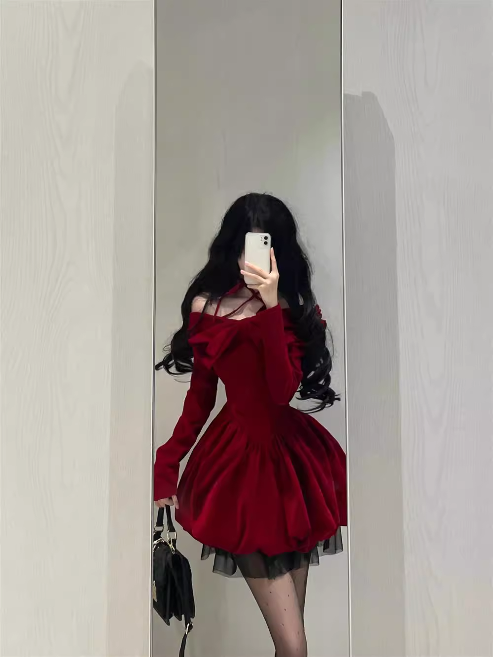 Cute Ball Gown Long Sleeves Velvet Red Short Cocktail Dresses Birthday Outfits SD572