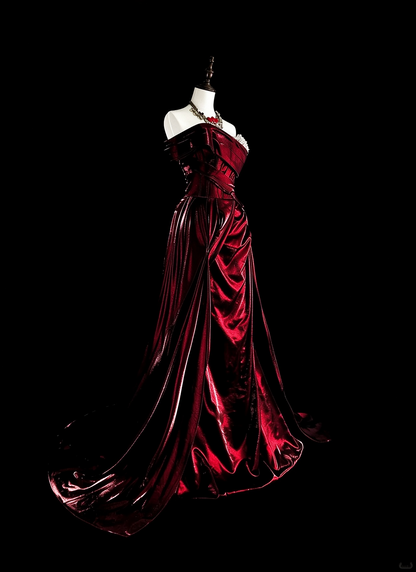 Charming Off The Shoulder Satin Beaded Long Prom Dress Burgundy Evening Dress D5387