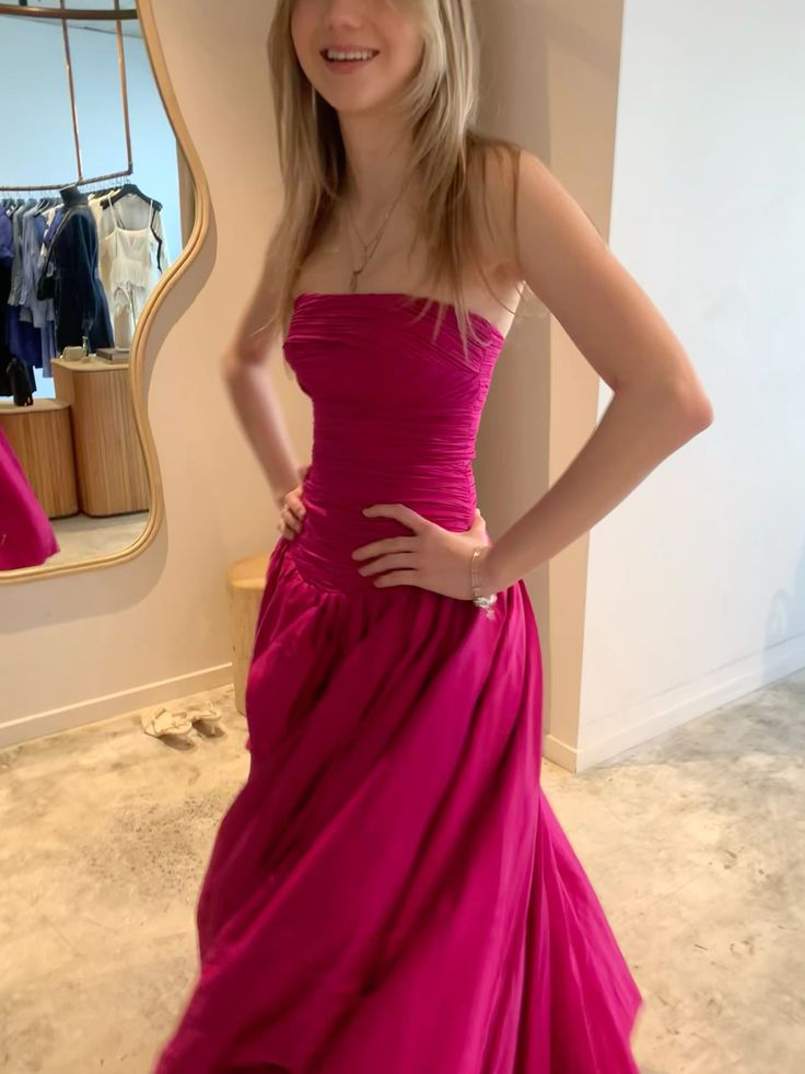 Pretty Fuchsia Strapless Satin Pleated Long Evening Dress Birthday Prom Dress D5028