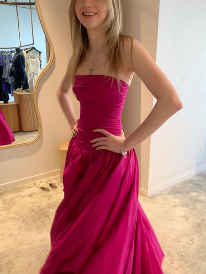 Pretty Fuchsia Strapless Satin Pleated Long Evening Dress Birthday Prom Dress D5028