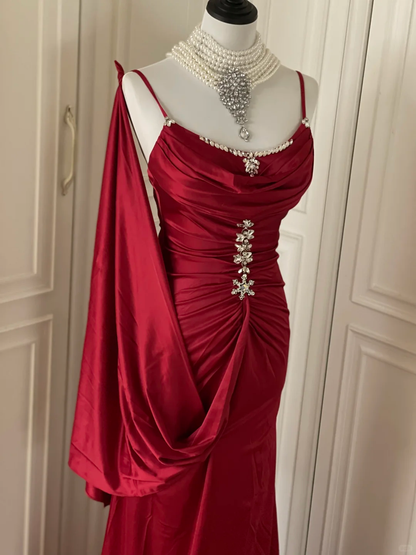Charming Burgundy Satin Beaded Mermaid Evening Dress,Spaghetti Straps Long Wedding Guest Dress D3110