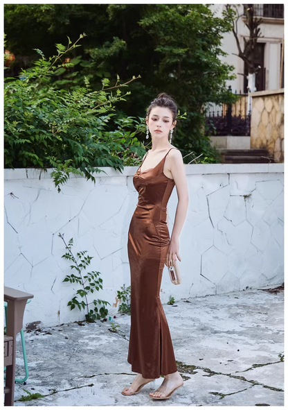 Stylish Spaghetti Straps Brown Satin Mermaid Long Evening Dress Formal Wedding Guest Dress D2449