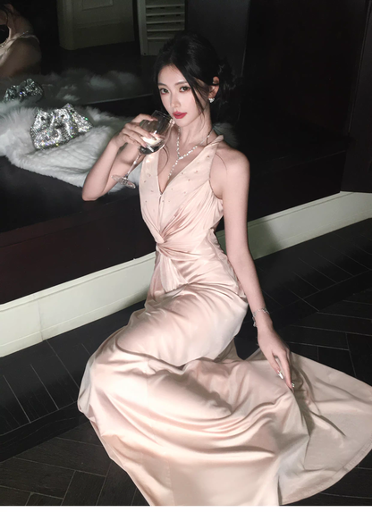Classy Coral Powder Halter V Neck Satin Beaded Mermaid Long Party Dress Backless Evening Gown D2182