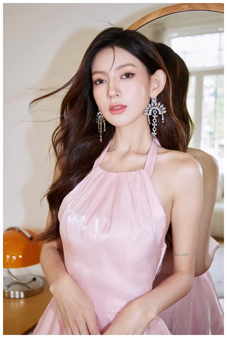 Classy Halter Pink Satin Ruffles Long Birthday Party Dress Evening Dress D2428