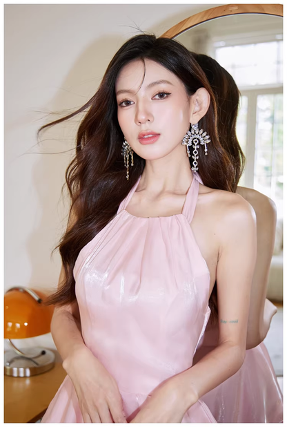 Classy Halter Pink Satin Ruffles Long Birthday Party Dress Evening Dress D2428