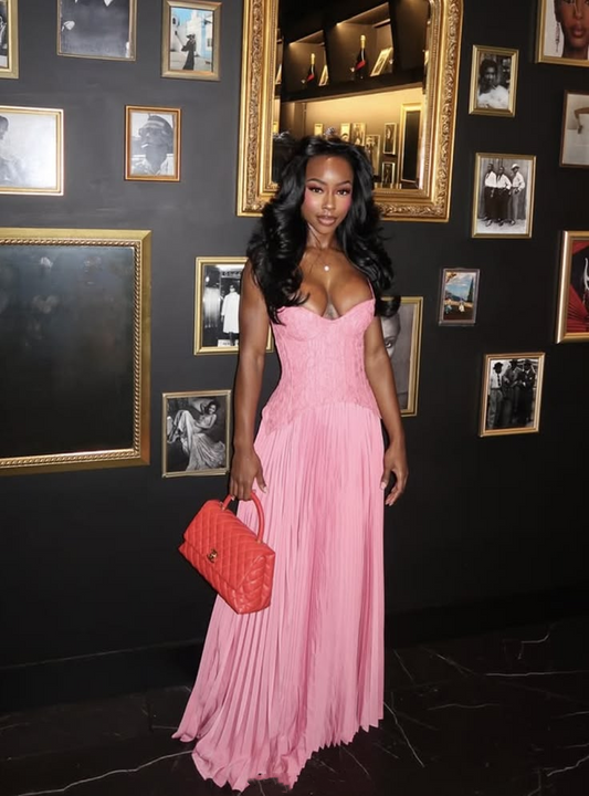 Pretty Spaghetti Straps Pink Satin Pleated A Line Party Dress Long Wedding Guest Dress D3552