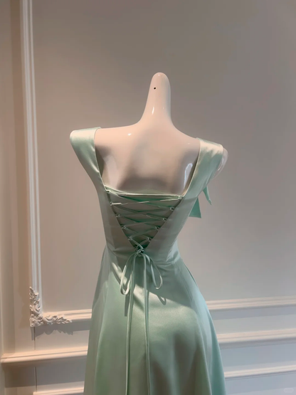 Cute Mint Green Satin A Line Long Evening Dress Birthday Prom Dress D2985