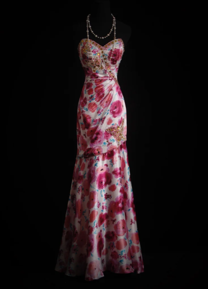 Charming Strapless Satin Floral Beaded Mermaid Long Birthday Prom Dress Evening Dress D2211