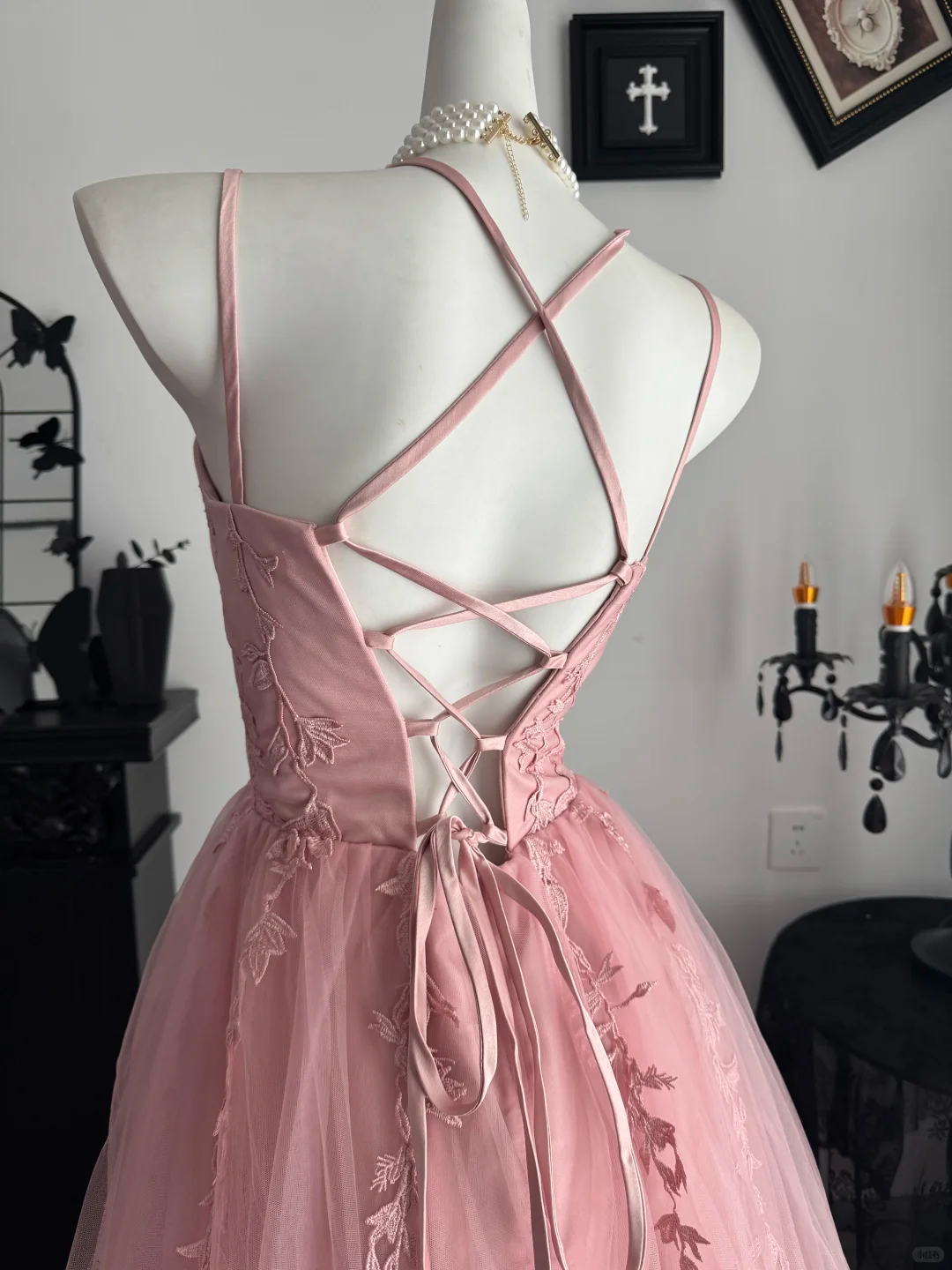 Elegant Spaghetti Straps Tulle Appliques Long Wedding Guest Dress,Pink Evening Dress D3725