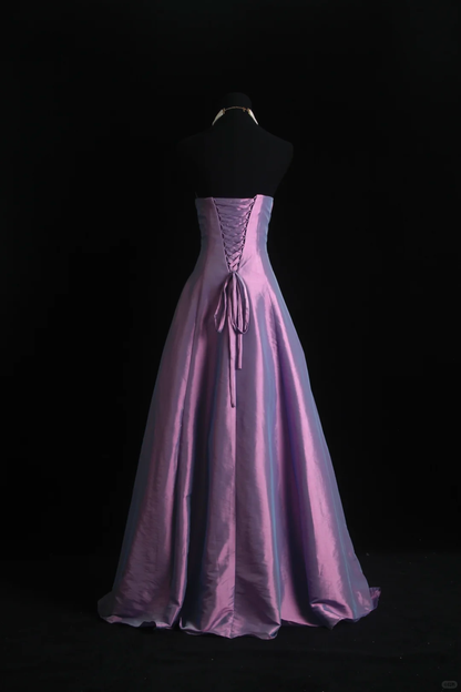 Vintage Purple Strapless Satin Beaded Long Party Dress Evening Dress D2848
