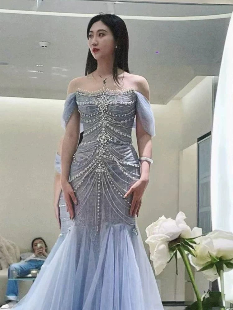 Pretty Mermaid Off The Shoulder Blue Tulle Silver Beads Long Prom Dresses Formal Evening Dress SD1399