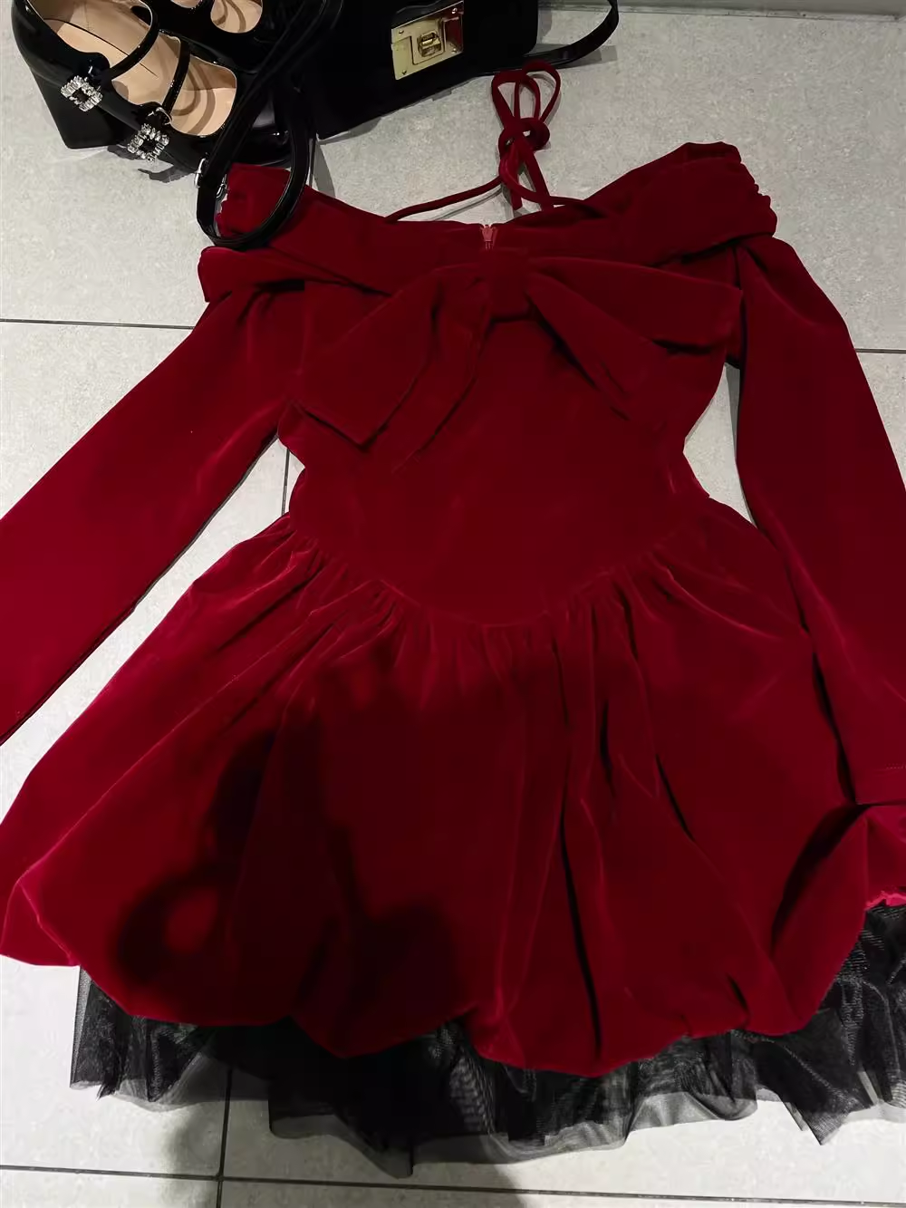 Cute Ball Gown Long Sleeves Velvet Red Short Cocktail Dresses Birthday Outfits SD572