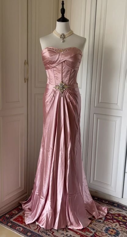Fashion Strapless Satin Pleated Beaded Mermaid Party Gown,Pink Long Evening Dress D3109