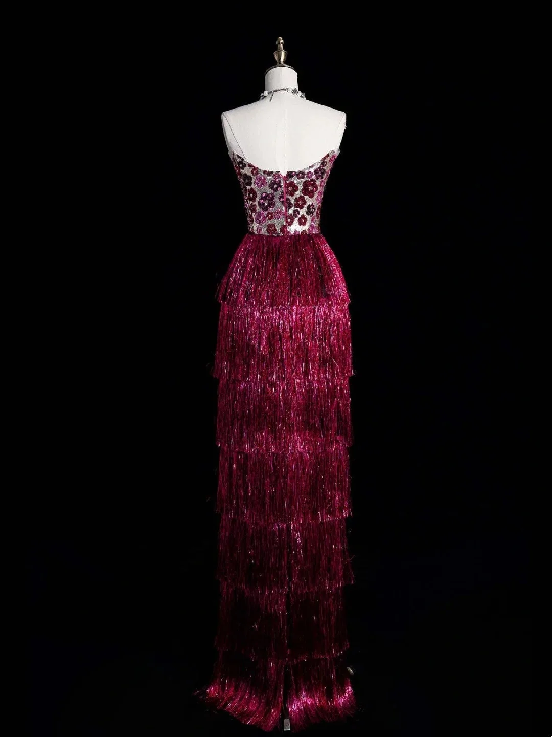Sparkly Strapless Dark Fuchsia Sequin Tassel Layered Sheath Long Party Dress Evening Gown D4846