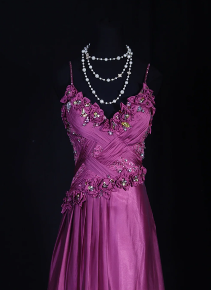 Glamorous Spaghetti Straps Satin Floral Beaded Mermaid Long Birthday Prom Dress Evening Dress D2257