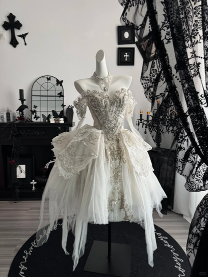Pretty White Tulle Beaded A Line Short Homecoming Dress,Off The Shoulder Short Party Dress D3715