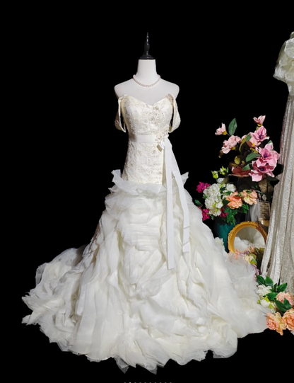 Pretty Spaghetti Straps Satin Appliques Beaded Tulle Pleated Mermaid Long Wedding Dress Bridal Dress D2371