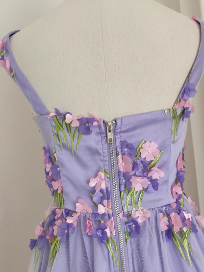 Cute A line Straps Sleeveless Lilac Floral Party Dress Short Birthday Outfits SD383