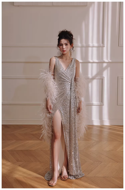 Glitter V Neck Silver Sequin Slit Mermaid Long Evening Dress Birthday Dress D2420