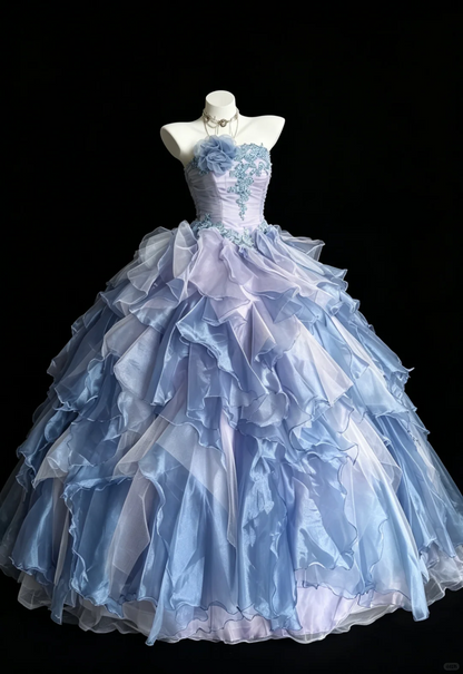 Charming Strapless Blue-purple Tulle Pleated Ruffles Appliques Quinceanera Dress Sweet 15 16 Dress D5274