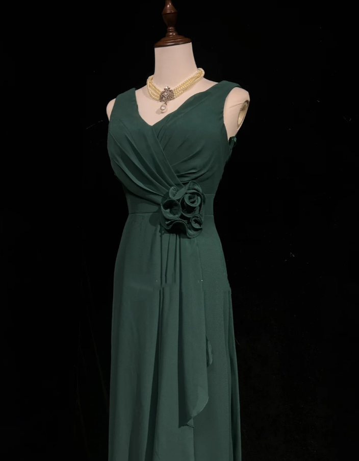 Vintage V Neck Dark Green Chiffon Long Wedding Guest Dress Formal Evening Dress Prom Gowns D2059