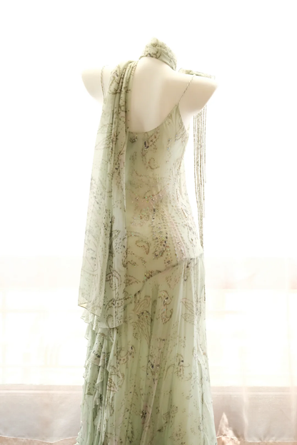 Elegant Spaghetti Straps Chiffon Beaded Ruffle Mermaid Evening Dress Mint Green Long Prom Dresses D2713