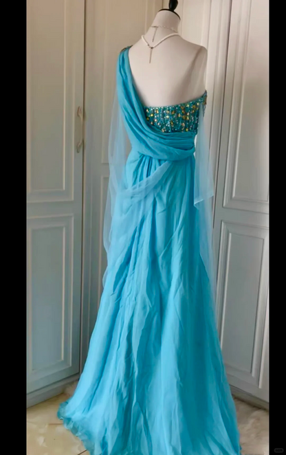 Stylish One Shoulder Blue Satin Tulle Beaded Mermaid Long Prom Dress Evening Dress D3093