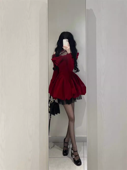 Cute Ball Gown Long Sleeves Velvet Red Short Cocktail Dresses Birthday Outfits SD572