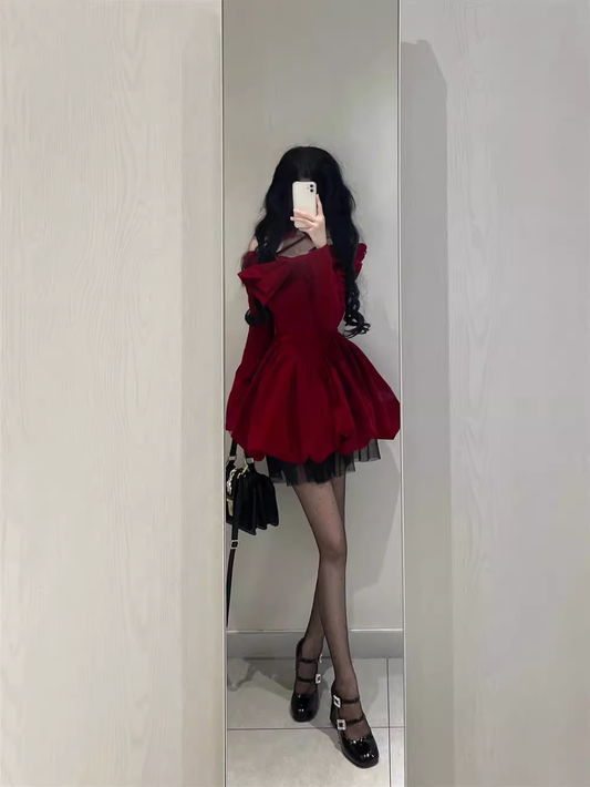 Cute Ball Gown Long Sleeves Velvet Red Short Cocktail Dresses Birthday Outfits SD572