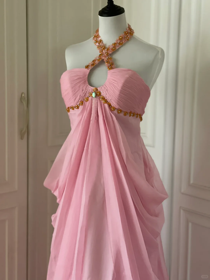 Pretty Pink Halter Chiffon Beaded Mermaid Evening Dress Long Wedding Guest Dress D3107