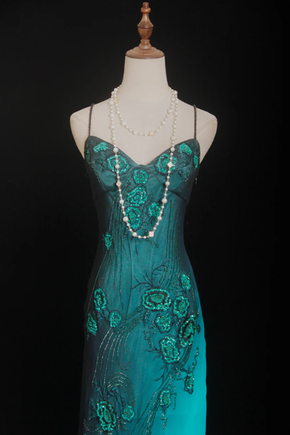 Vintage Spaghetti Straps Ombre Green Chiffon Beaded Evening Dress Mermaid Long Prom Gown D1682