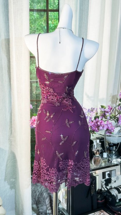 Vintage Spaghetti Straps Purple Lace Appliques Beaded Sheath 8th Grade Homecoming Dress Short Birthday Outfits S724