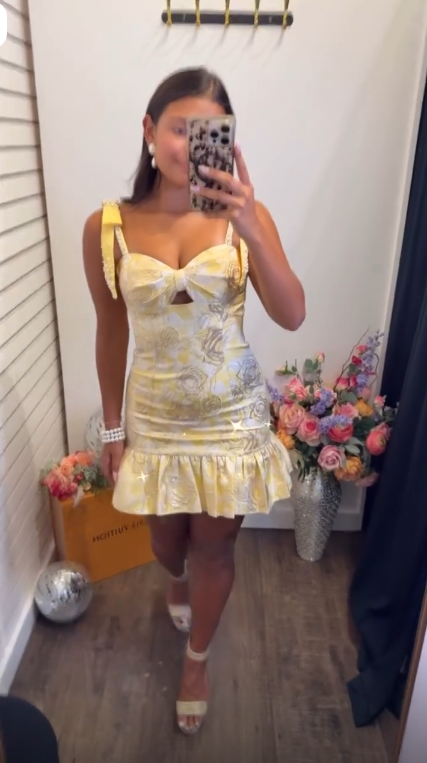 Fashion Spaghetti Straps Yellow Satin Print Floral Short Homecoming Dress Cocktail Dress D4008